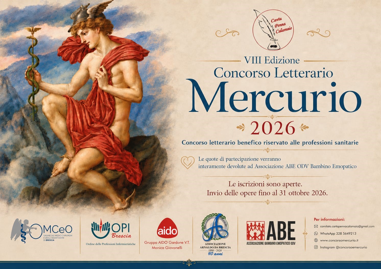 Premio letterario Mercurio 2026 - Concorso letterario a scopo benefico riservato alle professioni sanitarie